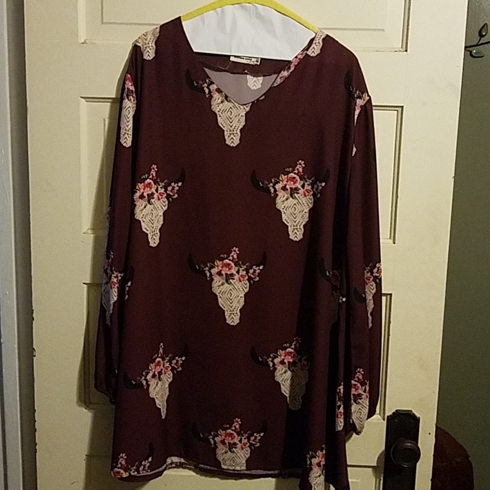 XL, maroon, long sleeve, floral cow skull dress